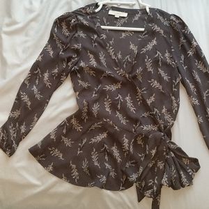 Loft Gray Floral Wrap Blouse